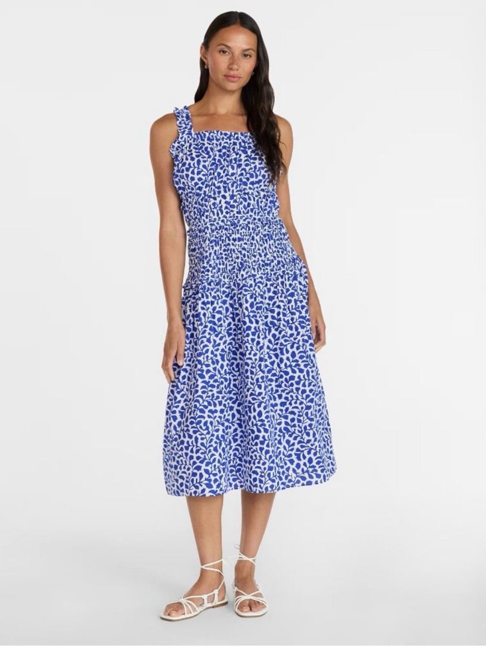 Blue & White Gathered Elastic Waist Leaf-Print Sleeveless Midi Dress Lrg NWT